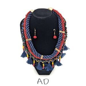 Vintage Victorian Revival Necklace Handmade Fiber Macrame Beaded Fringe Oxblood